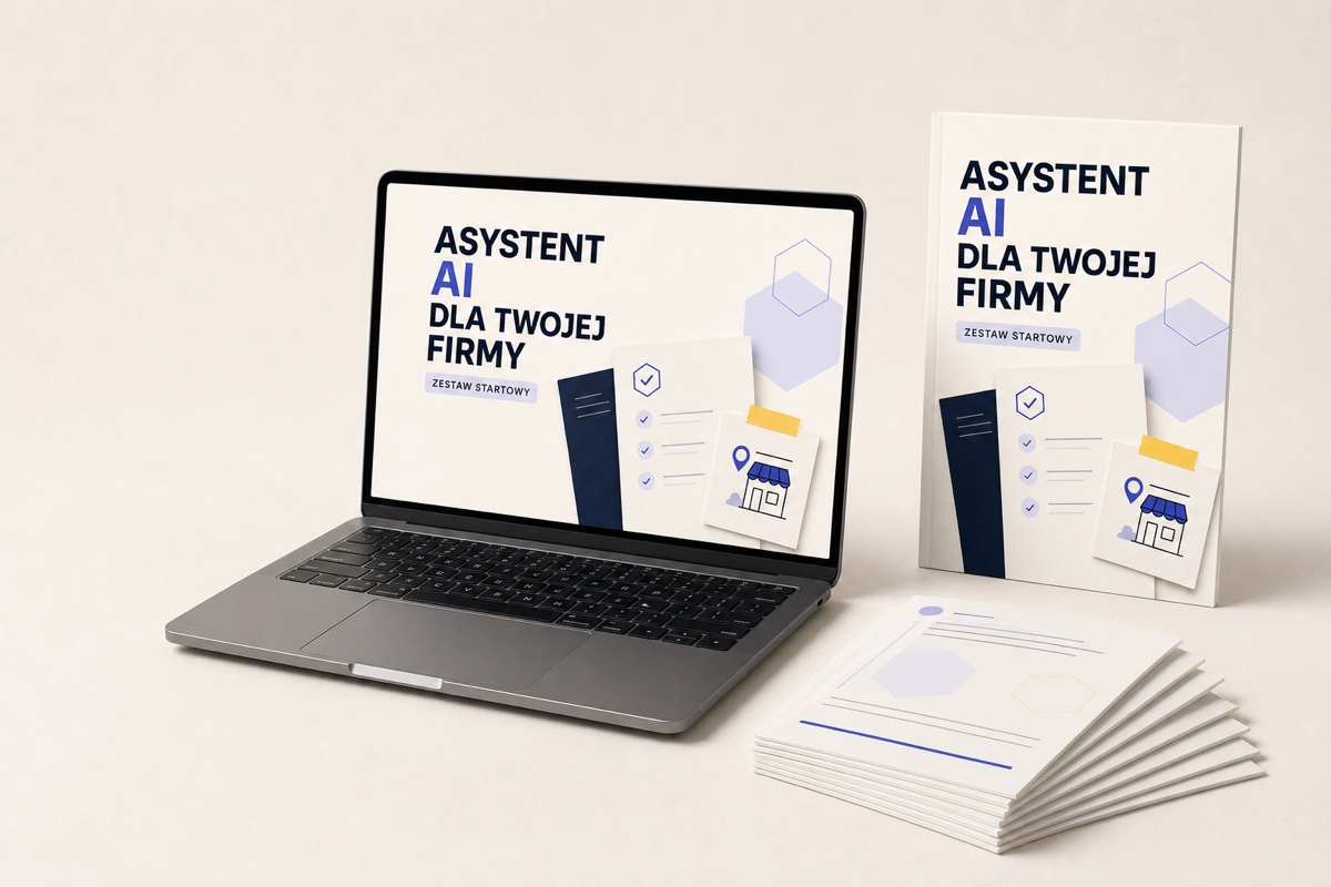 Mockup zestawu Asystent AI dla Twojej firmy na laptopie i materiałach roboczych